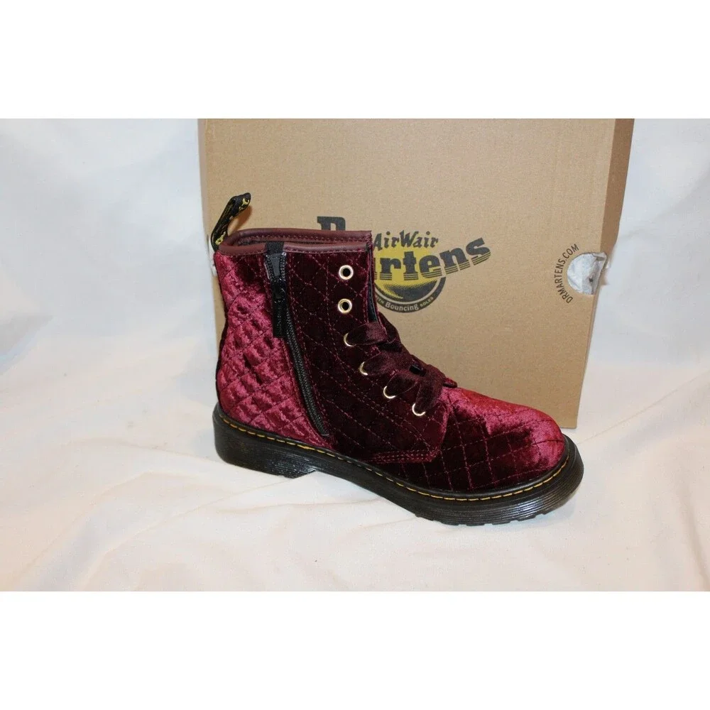 DR.‎ MARTENS YOUTH SZ 4 CHERRY RED QUILTED VELVET 1460 BOOTS NEW